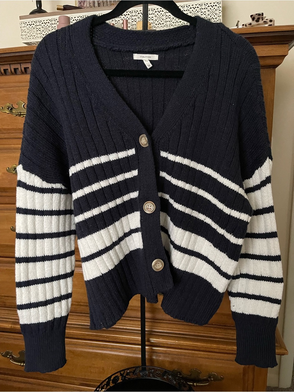 Maurices Navy and White Striped V-Neck Button Front Cardigan